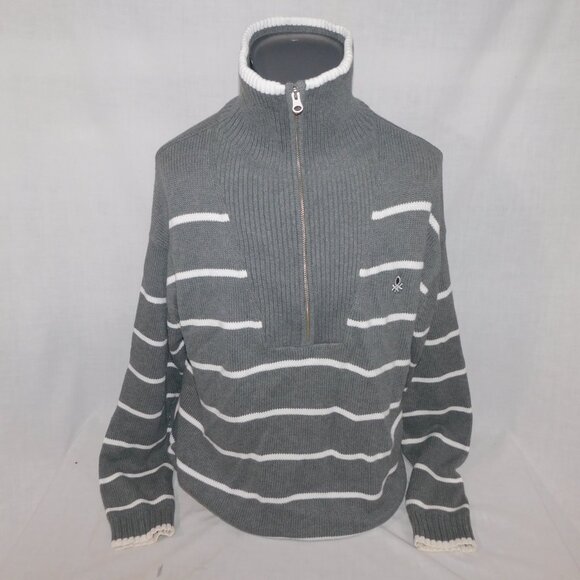 United Colors of Benetton Womens XL Gray White Striped 1/2 Zip Sweater - Picture 3 of 13